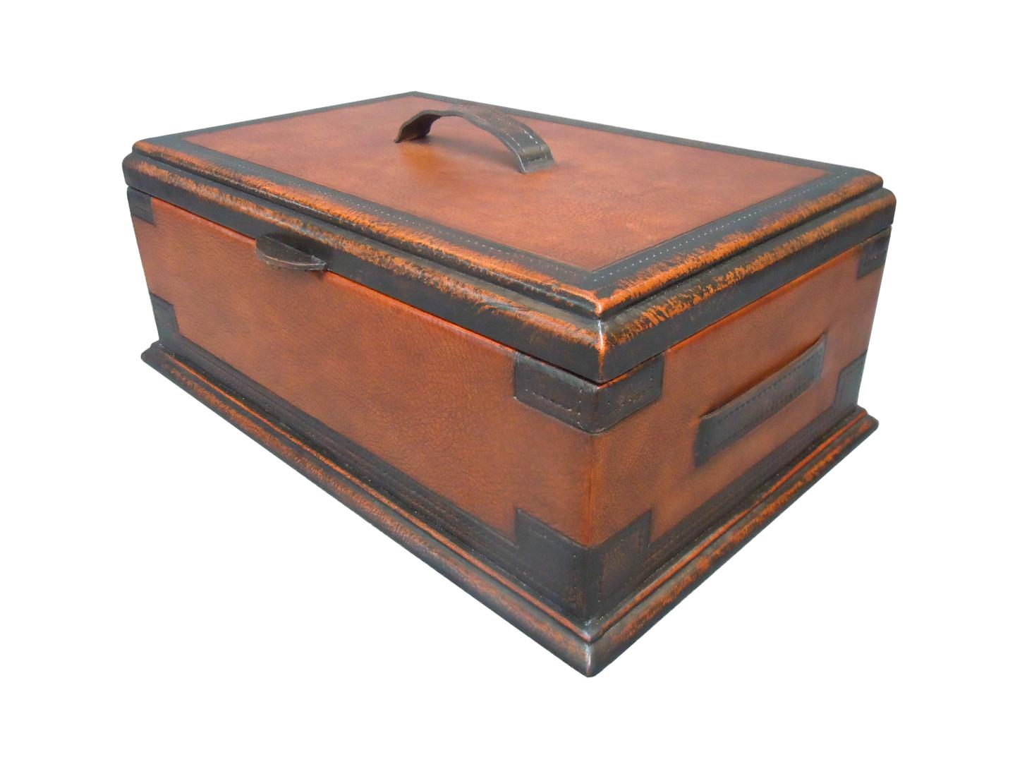 leather box with belts on the sides and top of the box